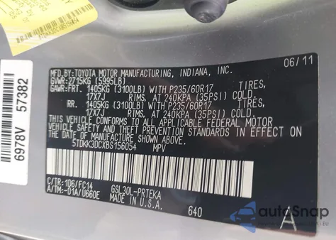 2011 Toyota Sienna Le V6 из США, поврежденный, VIN 5TDKK3DCXBS156054